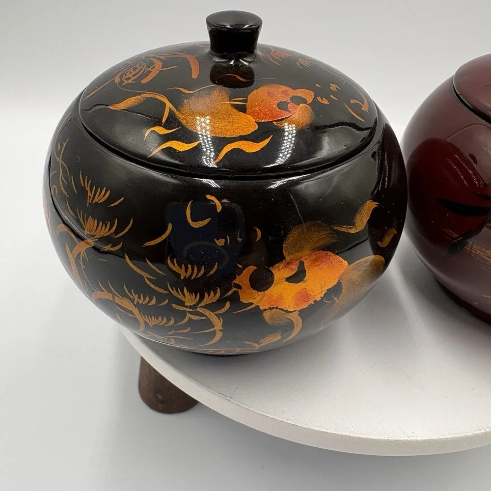 Vtg Asian lacquerware trinket boxes Set Of 2 hand-painted Red Black